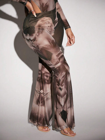 SXY Figure Graphic Lettuce Trim Sheer Mesh Flare Leg Pants Without Panty SXY Figure Graphic Lettuce Trim Sheer Mesh Flare Leg Pants Without Panty