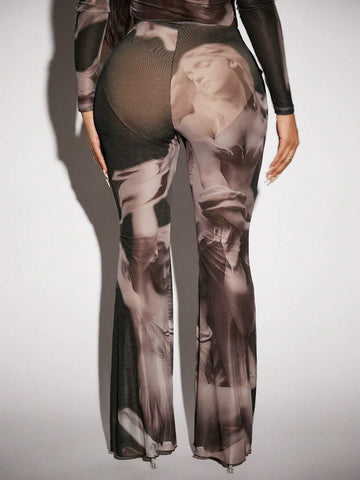 SXY Figure Graphic Lettuce Trim Sheer Mesh Flare Leg Pants Without Panty SXY Figure Graphic Lettuce Trim Sheer Mesh Flare Leg Pants Without Panty