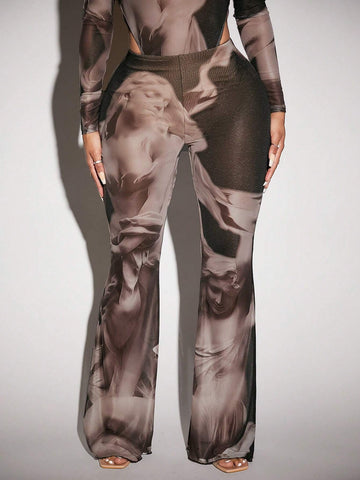 SXY Figure Graphic Lettuce Trim Sheer Mesh Flare Leg Pants Without Panty SXY Figure Graphic Lettuce Trim Sheer Mesh Flare Leg Pants Without Panty