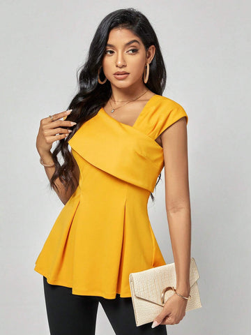 EMERY ROSE Solid Fold Pleated Detail Asymmetrical Neck Tee EMERY ROSE Solid Fold Pleated Detail Asymmetrical Neck Tee