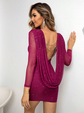 Joyfunear Rhinestone Chain Detail Draped Backless Bodycon Dress Joyfunear Rhinestone Chain Detail Draped Backless Bodycon Dress