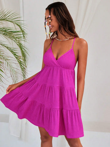 Solid Crisscross Backless Layered Ruffle Hem Cami Dress Solid Crisscross Backless Layered Ruffle Hem Cami Dress