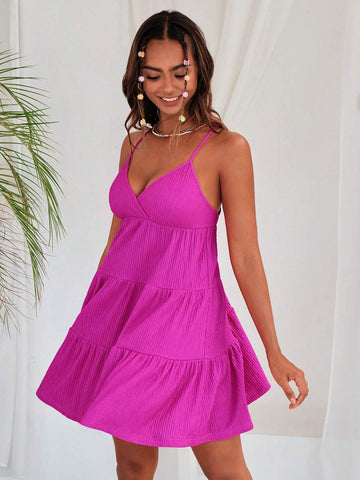 Solid Crisscross Backless Layered Ruffle Hem Cami Dress Solid Crisscross Backless Layered Ruffle Hem Cami Dress