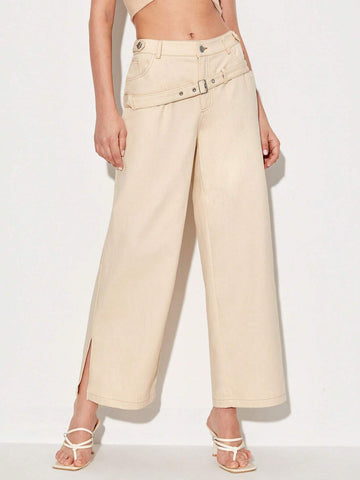 Split Hem Belted Straight Leg Pants Split Hem Belted Straight Leg Pants