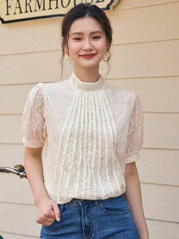 DAZY Mock Neck Puff Sleeve Lace Blouse DAZY Mock Neck Puff Sleeve Lace Blouse