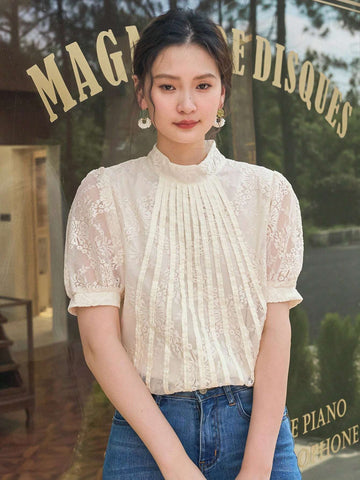 DAZY Mock Neck Puff Sleeve Lace Blouse DAZY Mock Neck Puff Sleeve Lace Blouse