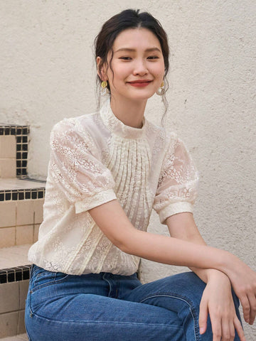 DAZY Mock Neck Puff Sleeve Lace Blouse DAZY Mock Neck Puff Sleeve Lace Blouse