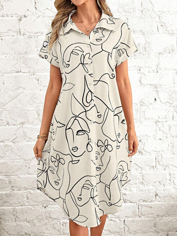 EMERY ROSE Abstract Figure Graphic Curved Hem Shirt Dress Without Belt EMERY ROSE Abstract Figure Graphic Curved Hem Shirt Dress Without Belt