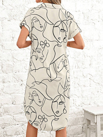 EMERY ROSE Abstract Figure Graphic Curved Hem Shirt Dress Without Belt EMERY ROSE Abstract Figure Graphic Curved Hem Shirt Dress Without Belt