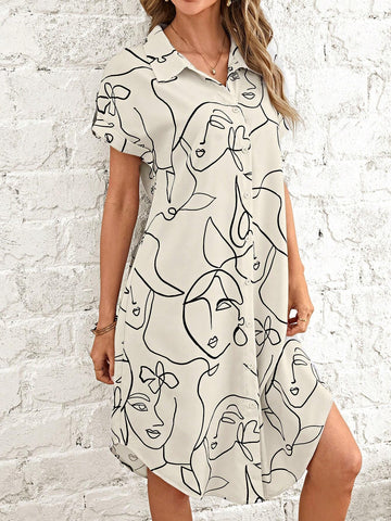 EMERY ROSE Abstract Figure Graphic Curved Hem Shirt Dress Without Belt EMERY ROSE Abstract Figure Graphic Curved Hem Shirt Dress Without Belt