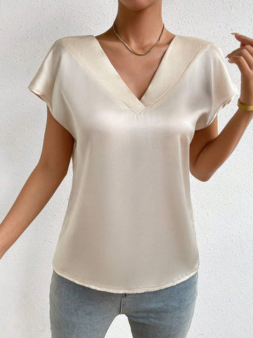 Solid V Neck Satin Blouse Solid V Neck Satin Blouse