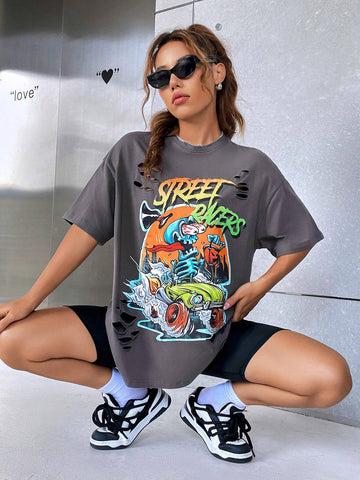 EZwear Car & Letter Graphic Drop Shoulder Tee EZwear Car & Letter Graphic Drop Shoulder Tee