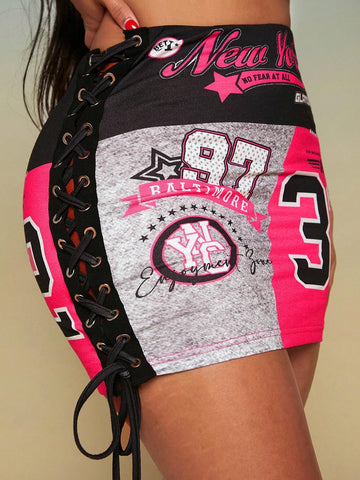 SXY Letter Graphic Lace Up Side Bodycon Skirt SXY Letter Graphic Lace Up Side Bodycon Skirt