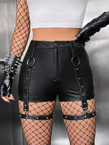 ROMWE PUNK Studded Detail PU Leather Shorts ROMWE PUNK Studded Detail PU Leather Shorts