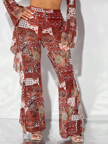 SXY Paisley Print Ruffle Trim Flare Leg Pants SXY Paisley Print Ruffle Trim Flare Leg Pants