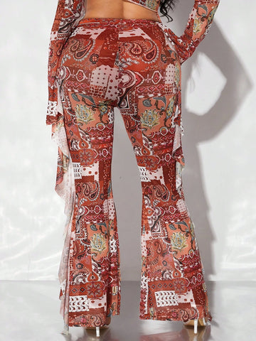 SXY Paisley Print Ruffle Trim Flare Leg Pants SXY Paisley Print Ruffle Trim Flare Leg Pants