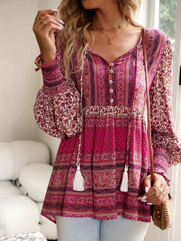 Floral Print Tassel Tie Neck Lantern Sleeve Peplum Blouse Floral Print Tassel Tie Neck Lantern Sleeve Peplum Blouse