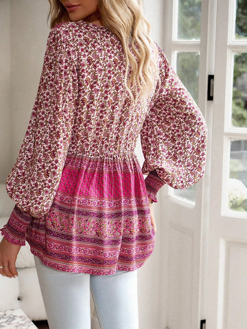 Floral Print Tassel Tie Neck Lantern Sleeve Peplum Blouse Floral Print Tassel Tie Neck Lantern Sleeve Peplum Blouse