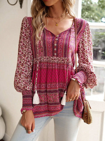 Floral Print Tassel Tie Neck Lantern Sleeve Peplum Blouse Floral Print Tassel Tie Neck Lantern Sleeve Peplum Blouse