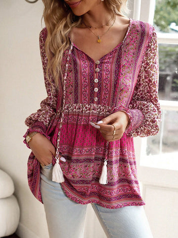 Floral Print Tassel Tie Neck Lantern Sleeve Peplum Blouse Floral Print Tassel Tie Neck Lantern Sleeve Peplum Blouse