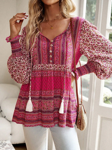 Floral Print Tassel Tie Neck Lantern Sleeve Peplum Blouse Floral Print Tassel Tie Neck Lantern Sleeve Peplum Blouse