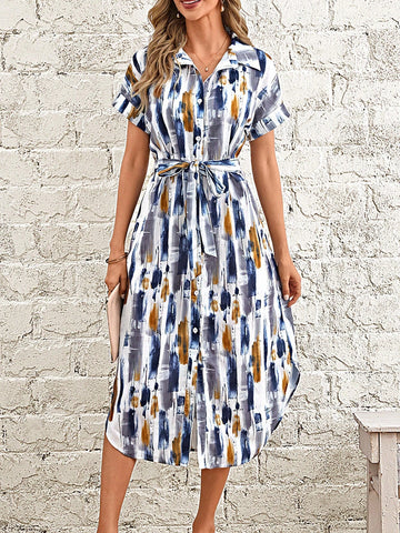 EMERY ROSE Brush Print Batwing Sleeve Belted Shirt Dress EMERY ROSE Brush Print Batwing Sleeve Belted Shirt Dress