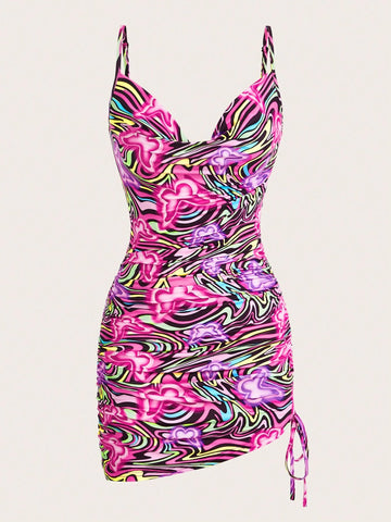 Allover Print Draped Collar Ruched Side Cami Dress Allover Print Draped Collar Ruched Side Cami Dress