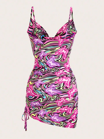 Allover Print Draped Collar Ruched Side Cami Dress Allover Print Draped Collar Ruched Side Cami Dress