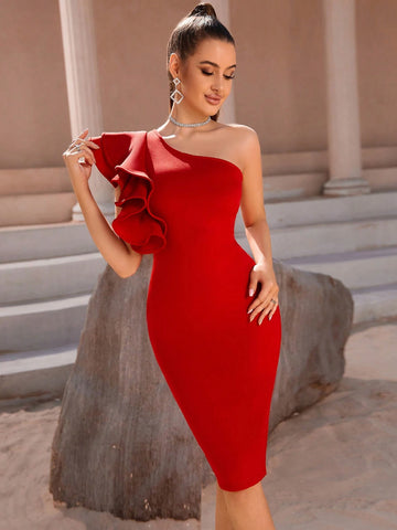 ADYCE One Shoulder Ruffle Trim Bodycon Dress ADYCE One Shoulder Ruffle Trim Bodycon Dress