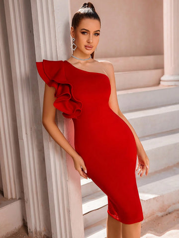ADYCE One Shoulder Ruffle Trim Bodycon Dress ADYCE One Shoulder Ruffle Trim Bodycon Dress