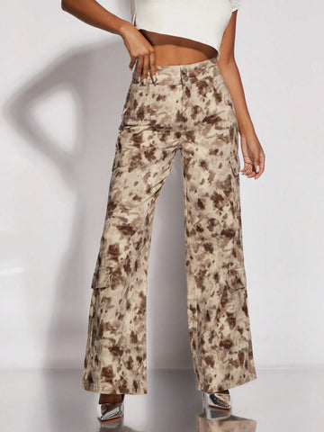 BAE Tie Dye Flap Detail Wide Leg Pants Without Belt BAE Tie Dye Flap Detail Wide Leg Pants Without Belt