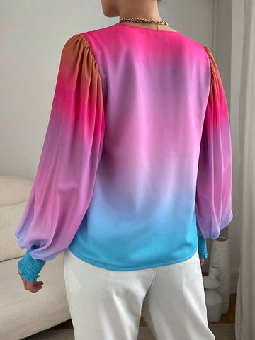 Ombre Print Lantern Sleeve Surplice Neck Blouse Ombre Print Lantern Sleeve Surplice Neck Blouse