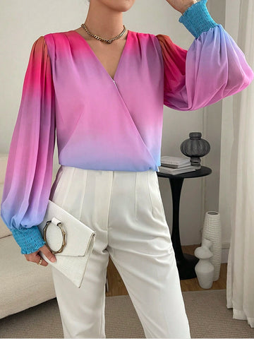 Ombre Print Lantern Sleeve Surplice Neck Blouse Ombre Print Lantern Sleeve Surplice Neck Blouse