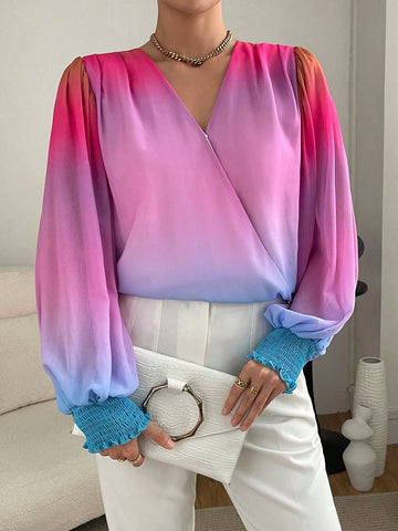 Ombre Print Lantern Sleeve Surplice Neck Blouse Ombre Print Lantern Sleeve Surplice Neck Blouse