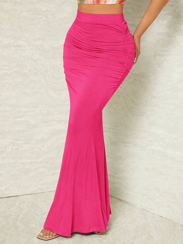 SXY Solid Ruched Mermaid Hem Maxi Skirt SXY Solid Ruched Mermaid Hem Maxi Skirt