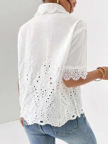 Eyelet Embroidery Lapel Collar Shirt Eyelet Embroidery Lapel Collar Shirt