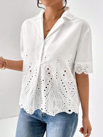 Eyelet Embroidery Lapel Collar Shirt Eyelet Embroidery Lapel Collar Shirt