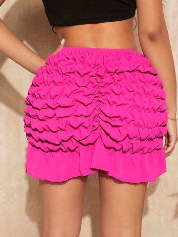 SXY Solid Ruched Ruffle Hem Skirt SXY Solid Ruched Ruffle Hem Skirt