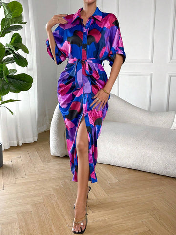 Allover Print Batwing Sleeve Ruched Split Thigh Belted Shirt Dress Allover Print Batwing Sleeve Ruched Split Thigh Belted Shirt Dress