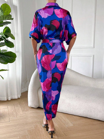 Allover Print Batwing Sleeve Ruched Split Thigh Belted Shirt Dress Allover Print Batwing Sleeve Ruched Split Thigh Belted Shirt Dress