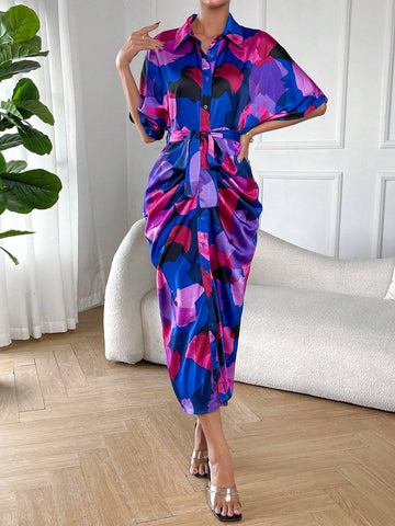 Allover Print Batwing Sleeve Ruched Split Thigh Belted Shirt Dress Allover Print Batwing Sleeve Ruched Split Thigh Belted Shirt Dress