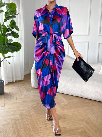 Allover Print Batwing Sleeve Ruched Split Thigh Belted Shirt Dress Allover Print Batwing Sleeve Ruched Split Thigh Belted Shirt Dress