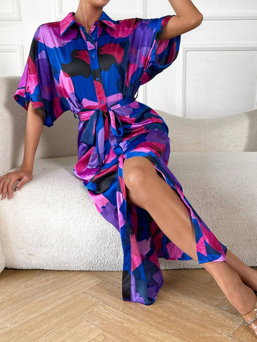 Allover Print Batwing Sleeve Ruched Split Thigh Belted Shirt Dress Allover Print Batwing Sleeve Ruched Split Thigh Belted Shirt Dress