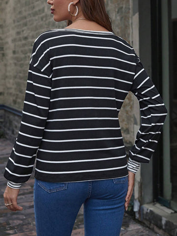 Striped Print Half Button Drop Shoulder Tee Striped Print Half Button Drop Shoulder Tee