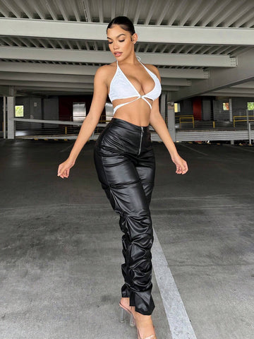 SXY Zip Fly Ruched PU Leather Stacked Pants SXY Zip Fly Ruched PU Leather Stacked Pants