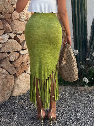 SXY Fringe Trim Asymmetrical Hem Skirt SXY Fringe Trim Asymmetrical Hem Skirt