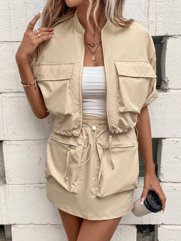 Flap Pocket Drawstring Hem Jacket & Skirt Flap Pocket Drawstring Hem Jacket & Skirt