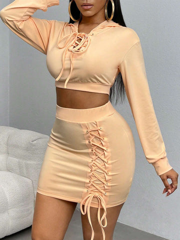 Lace Up Front Crop Hoodie & Bodycon Skirt Lace Up Front Crop Hoodie & Bodycon Skirt