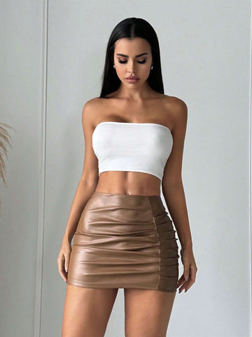SXY Ruched PU Leather Bodycon Skirt SXY Ruched PU Leather Bodycon Skirt
