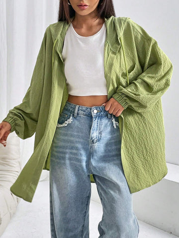 Drop Shoulder Drawstring Hooded Shirt Drop Shoulder Drawstring Hooded Shirt